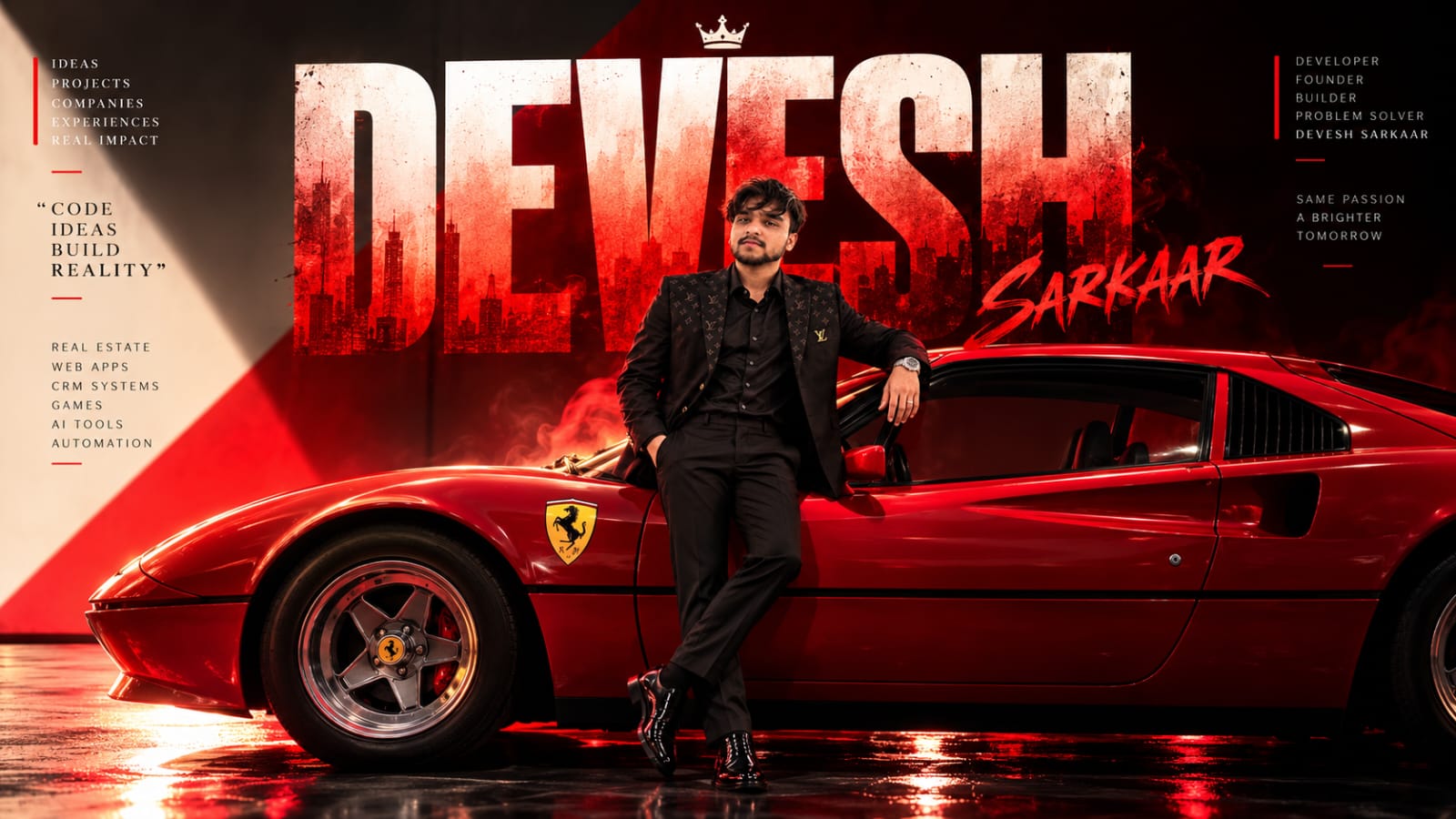 Devesh Sarkaar leaning on a red sports car